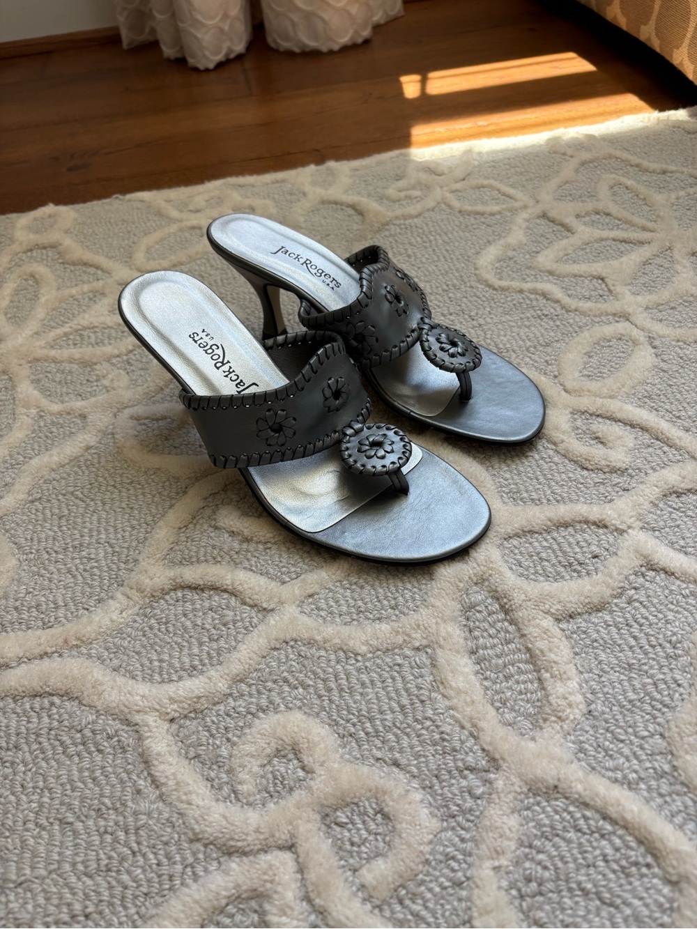 Jack Rogers Black Leather Mid-Heel Thong Sandals